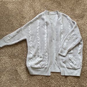 Grey cable knit grandpa cardigan with drop shoulder and pockets